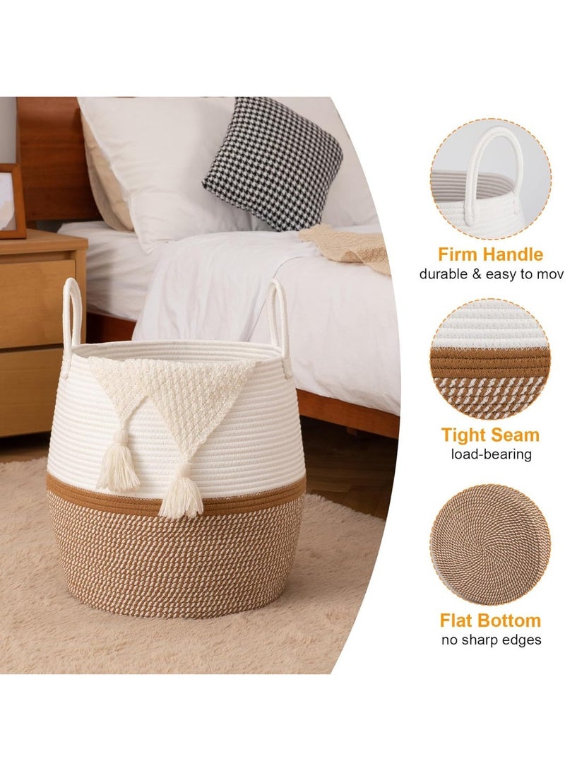 Bukela 60L Blanket Basket with Handle, Storage Basket for Living Room, Laundry Hamper for Clothes, Towels, Pillows, Toy Storage for Kids and Dogs, Baby Hamper for Nursery - Brown & White - Image 3